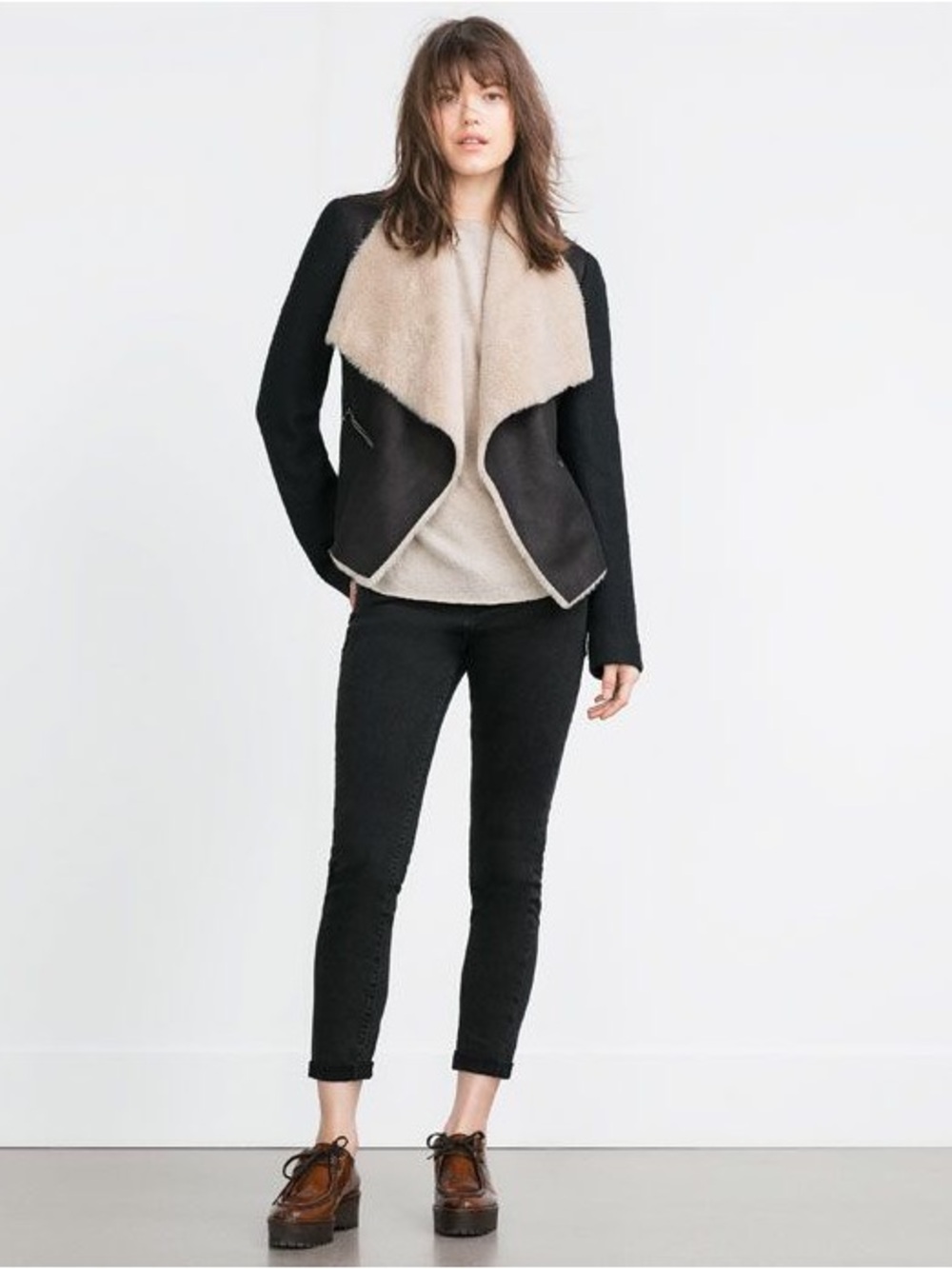 Zara Trafaluc Wool Blend Mixed Media Faux Shearling Moto Jacket Black Sz S $198